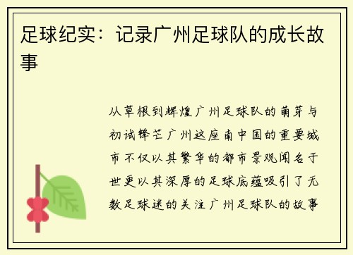 足球纪实：记录广州足球队的成长故事