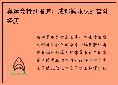 奥运会特别报道：成都篮球队的奋斗经历
