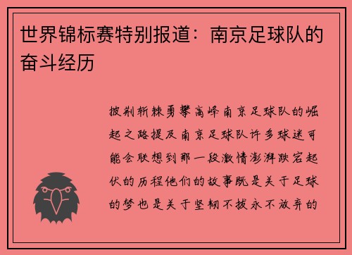 世界锦标赛特别报道:南京足球队的奋斗经历